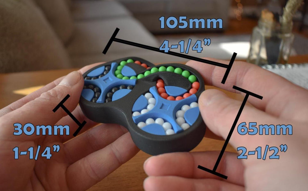 Black and blue figure-eight shaped mechanical puzzle with colorful beads, brainteaser and fidget toy in hand. - andEleven - The Figure-Eight (4-Color)
