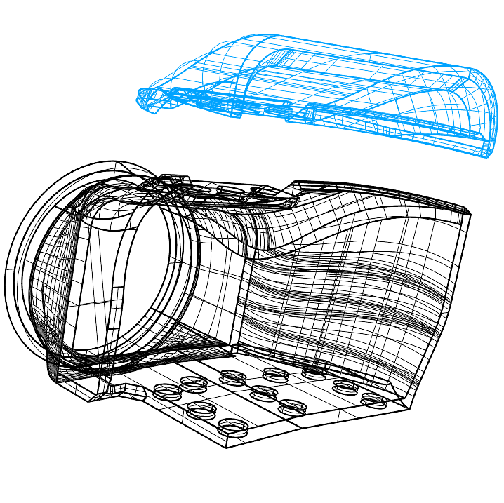 3D wireframe model of a cylindrical device with a blue top on a white background